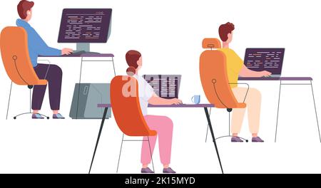 Programmers working at computers desks. Office team workplace isolated on white background Stock Vector