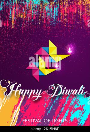 Happy Diwali Festival of Lights Celebration colorful template in Origami paper Graphic design of Indian Diya Oil Lamps, Modern Flat Design. Banner Stock Vector