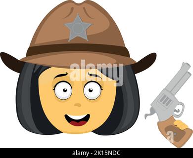 Vector emoji illustration of a cartoon yellow female sheriff with a hat and a gun in her hand Stock Vector