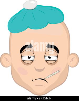 Vector illustration of the face of a sick cartoon man, with a thermometer in his mouth, pale and a bag of water on his head Stock Vector