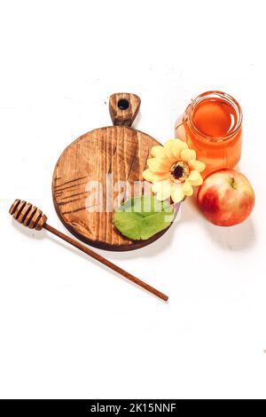 Apples and honey. Autumn composition. Traditional Jewish holiday New Year. Happy Rosh Hashanah. Stock Photo