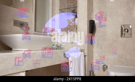 Luxury Bathroom Interior, minimalist interior in white colors with bathroom accessories , mirror and shower head, round mirror in modern interior Stock Photo