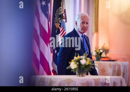 Washington DC, USA. 15th Sep, 2022. President Joe Biden prepares to speak at the United We Stand Summit in the East Room of the White House in Washington, DC on Thursday, September 15, 2022. Photo by Jim Lo Salzo/UPI Credit: UPI/Alamy Live News