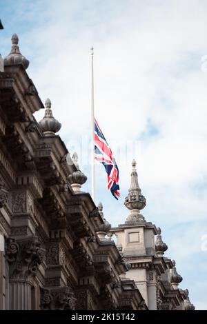 U.K Flag flying at half mast after the passing of Queen Elizabeth II Stock Photo