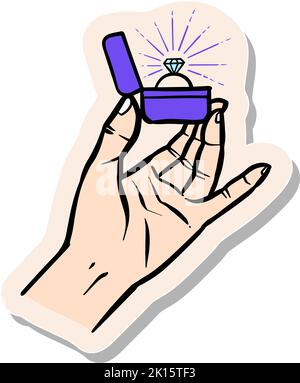 Hand drawn hand holding diamond ring box in sticker style vector illustration Stock Vector