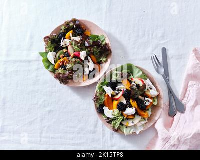 Top view with two plates of salad with roasted squash, berries and goat cheese. Vegetarian festive dinner. Stock Photo