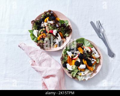 Top view with two plates of salad with roasted squash, berries and goat cheese. Vegetarian festive dinner. Stock Photo