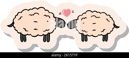 Hand drawn two sheep and a heart shape in sticker style vector illustration Stock Vector