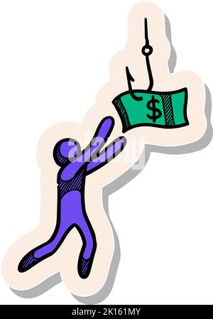Hand drawn man chasing dollar bait icon in sticker style vector illustration Stock Vector
