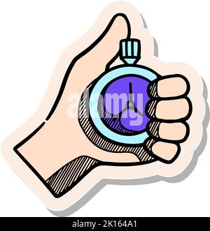 Hand drawn hand holding stopwatch icon in sticker style vector illustration Stock Vector
