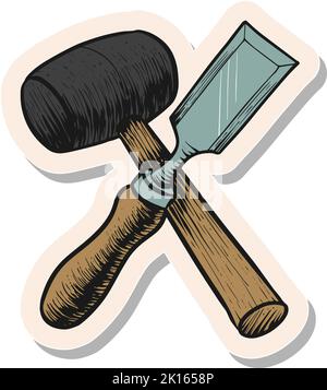 Hand drawn chisel and mallet icon woodworking tool in sticker style vector illustration Stock Vector