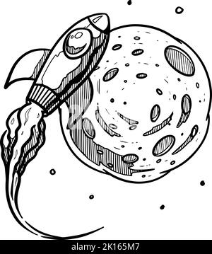Bitcoin space rocket approaching a planet. Hand drawn vector illustration. Stock Vector