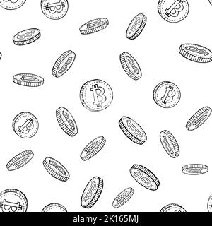 Bitcoin seamless background black and white. Hand drawn vector illustration. Stock Vector