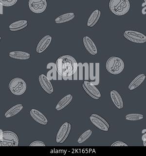 Bitcoin seamless background black and white. Hand drawn vector illustration. Stock Vector