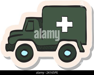 Hand drawn Military ambulance icon in sticker style vector illustration Stock Vector
