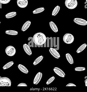 Bitcoin seamless background black and white. Hand drawn vector illustration. Stock Vector