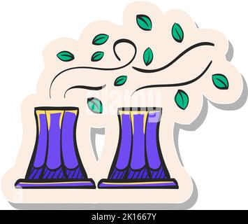 Hand drawn Nuclear plant with leaves icon in sticker style vector illustration Stock Vector