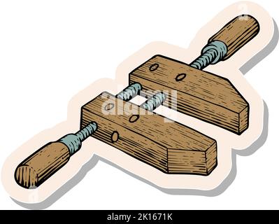Hand drawn wooden clamp icon woodworking tool in sticker style vector illustration Stock Vector