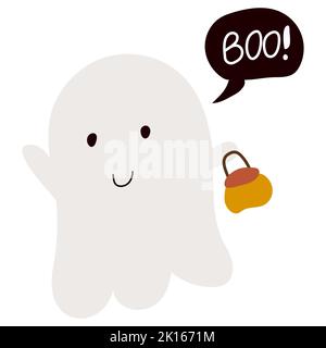 Cute cartoon doodle hand drawn ghost with boo speech bulb for Halloween holiday. Single design graphic element. Vector illustration isolated on white Stock Vector
