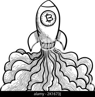 Bitcoind space rocket take off. Hand drawn vector illustration. Stock Vector