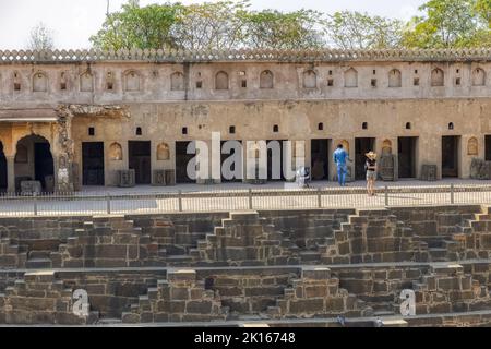A panorama view across the giant Ancient Chand Baori Stepwell of Abhaneri Stock Photo