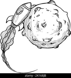 Bitcoin space rocket approaching a planet. Hand drawn vector illustration. Stock Vector