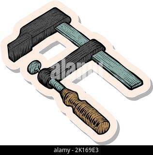 Hand drawn clamp icon woodworking tool in sticker style vector illustration Stock Vector