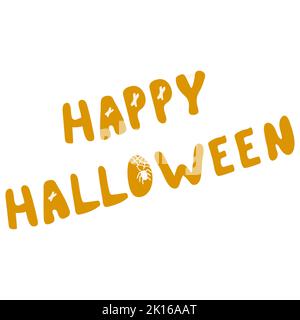 Cute doodle Happy Halloween lettering with bones for autumn holiday. Single design graphic element. Vector Illustration isolated on white background. Stock Vector