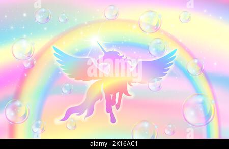 Rainbow sky background with flying bubbles and magic castle. Stock Vector