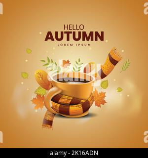 Cup of tea with knitted. hello autumn background. vector illustration background Stock Vector