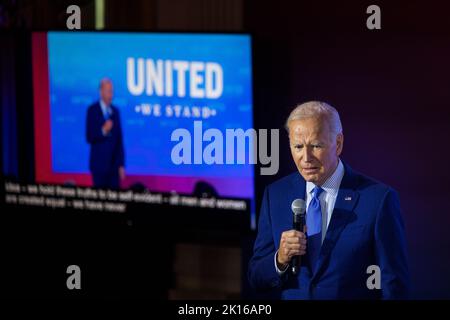 Washington DC, USA. 15th Sep, 2022. United States President Joe Biden makes remarks at the United We Stand Summit in the East Room of the White House in Washington, DC, USA, 15 September 2022.Credit: Jim LoScalzo/Pool via CNP Photo via Credit: Newscom/Alamy Live News