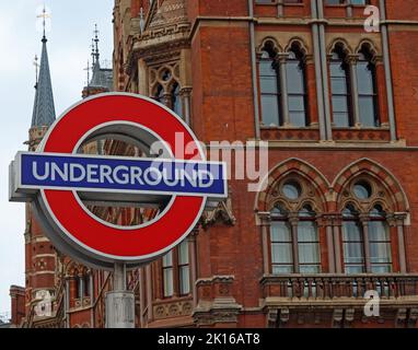 London Underground sign, outside of St Pancras railway station and hotel, London, England, UK , N1C 4QP Stock Photo