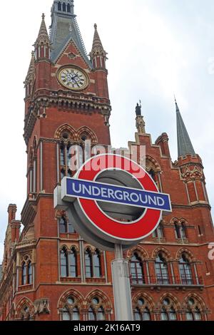 London Underground sign, outside of St Pancras railway station and hotel, London, England, UK , N1C 4QP Stock Photo