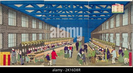 Interior of Tomioka Silk Mill (Joshu Tomioka seishi-jo no zu),  Artist Ichiyōsai (Utagawa) Kuniteru II,Year 1872 Stock Photo