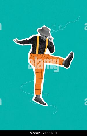 Composite collage picture image of cool elegant gentleman dancer hat painting clothes party disco entertainment have fun drawing background Stock Photo