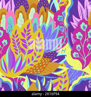 Colorful seamless pattern with crazy psychedelic organic abstract elements, print with plant and mushrooms motifs  Stock Vector