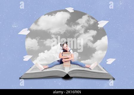Creative 3d photo collage artwork poster of happy girl sit huge big book adore reading like study isolated on drawing background Stock Photo