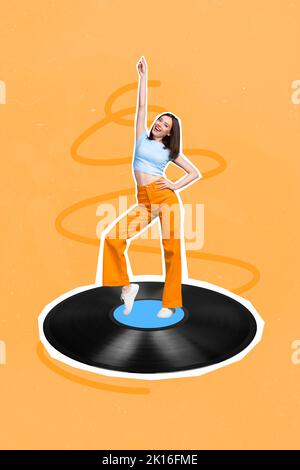 Composite collage picture image of happy funky young attractive woman point up disco move vinyl recorder music lover meloman dance Stock Photo