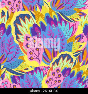 Colorful seamless pattern with crazy psychedelic organic abstract elements, print with plant and mushrooms motifs  Stock Vector