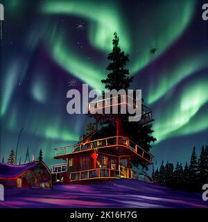 Santa's House at the North Pole, beautiful decorations and Northern lights glowing in the sky Stock Photo