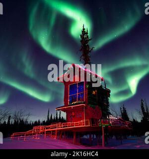 Santa's House at the North Pole, beautiful decorations and Northern lights glowing in the sky Stock Photo