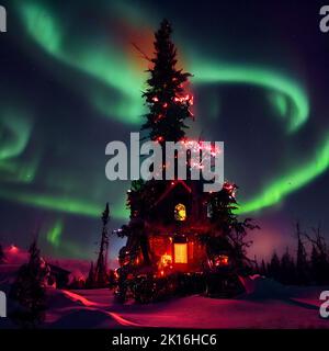 Santa's House at the North Pole, beautiful decorations and Northern lights glowing in the sky Stock Photo