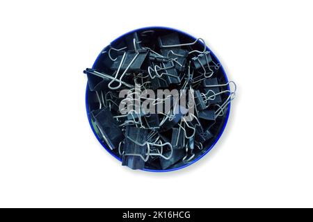 Binder clip black with various sizes collected in one big can with white background Stock Photo