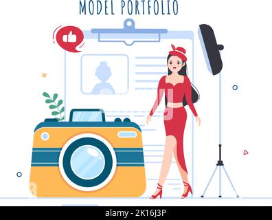 Model Portfolio Template Hand Drawn Cartoon Flat Illustration with Modeling Agency Manager and Photographer take Photos of Model in Platform Design Stock Vector