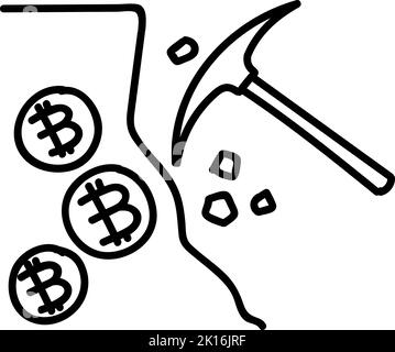 Bitcoin cryptocurrency mining concept icon. Hand drawn vector illustration. Editable line stroke. Stock Vector