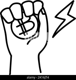Hand holding coin icon. Hand drawn vector illustration. Editable line stroke. Stock Vector