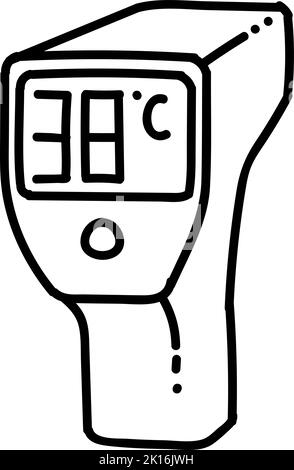 Digital thermo gun icon. Body temperature checking instrument. Hand drawn vector illustration. Editable line stroke. Stock Vector