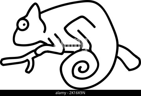 Chameleon on tree branch icon. Hand drawn vector illustration. Editable line stroke Stock Vector