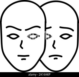 Deep fake icon. Two face masks with different moods. Hand drawn vector illustration. Editable line stroke Stock Vector