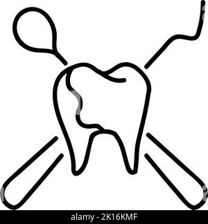Dentist tooth and tools icon. Hand drawn vector illustration. Editable line stroke. Stock Vector